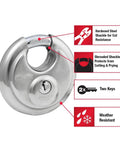 Stainless Steel Discus Padlock With Key Two And Three Quarter Inch Wide 40DPF Weather Resistant with shrouded shackle and two keys