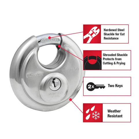 Stainless Steel Discus Padlock With Key Two And Three Quarter Inch Wide 40DPF Weather Resistant with shrouded shackle and two keys