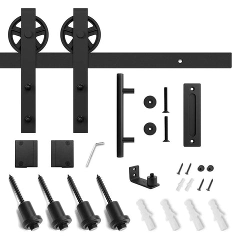 Beefy Heavy Duty Sliding Barn Door Hardware Kit 5ft Black With Pull Handle Set and Floor Guide, wheel hangers, screws