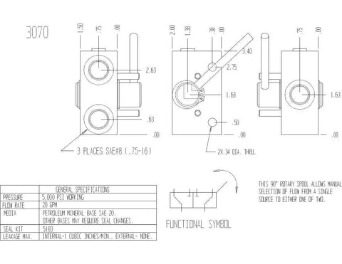 Technical drawing of three way hydraulic diverter valve with rotary selector for high pressure systems, 20 GPM, 5000 PSI.