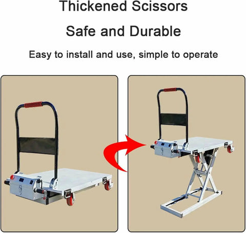 Heavy-Duty Electric Scissor Lift Table Rides With 300kg Capacity, hydraulic power shown in portable adjustable design.