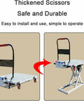 Professional Grade Industrial Electric Scissor Lift Workhorse With Three Hundred Kg Heavy Capacity Rock Solid Hydraulic Lifting Platform For Shop Floor And Workshop shown in raised and lowered positions.