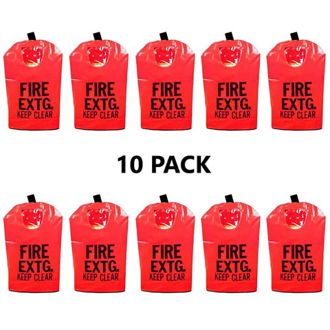 10 Pack Fire Extinguisher Cover 30 Pound Large Size 31 By 16 1 By 2 Inch Red Heavy Duty Vinyl Case displayed in a row.