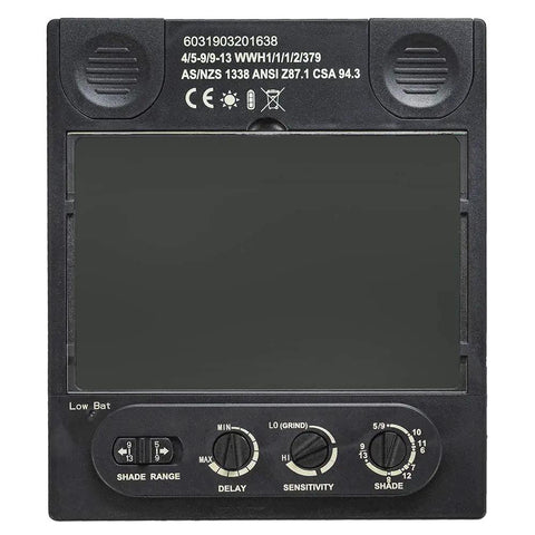Pro Series Amped ADF Welding Helmet control panel with adjustable settings for shade, delay, sensitivity