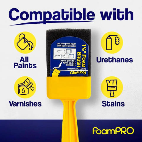Top Shelf Classic Foam Paint Brush Set With Heavy Duty Handle And Four Easy Swap Refills For Slick Coverage On Wood Stains Urethane Varnish And Primer No Fuss Home Project Essential That Flows Like Butter, showing compatibility with all paints, urethanes, varnishes, and stains.
