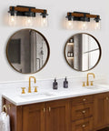 Real Wood Rustic Vanity Light for Farmhouse Bathrooms Over Mirror Three Light Rustic Vanity Lighting With Clear Glass Shades