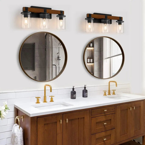 Real Wood Rustic Vanity Light for Farmhouse Bathrooms Over Mirror Three Light Rustic Vanity Lighting With Clear Glass Shades