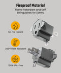 Top Tier Four Pack ETL Certified 2 Prong To 3 Prong Outlet Adapter Gray Heavy Duty Electrical Plug Converter showing fireproof material and features.