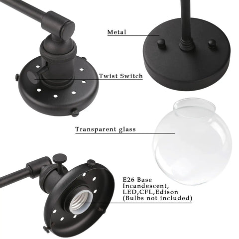 Industrial Black Wall Sconce Hardwired Double Light With 5.9 Inch Glass Globe Lampshade close-up with metal base and twist switch.