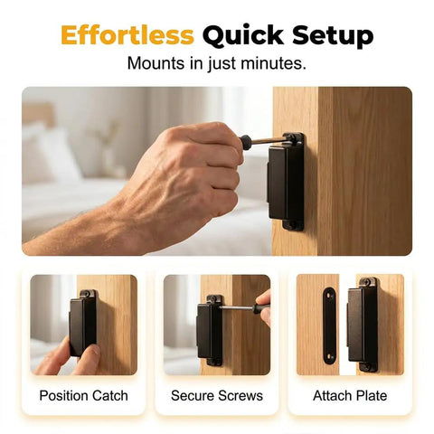 Installation of Beefy 30 Lb Pull Heavy Duty Cabinet Magnetic Catch with stainless steel door latch on wooden surface.