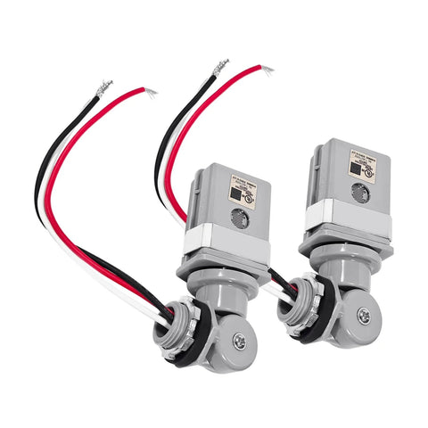 Two Pack Outdoor Dusk To Dawn Photocell Sensor Switch For 120V AC Lighting showing two waterproof switches with wiring