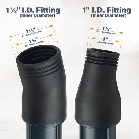 Close-up of 1 inch and 1 1/2 inch ID fittings of 10 Foot Vacuum Hose Kit With 1 Inch And 1 1/2 Inch Quick Change Adapters Plus Two And A Quarter Inch To Two And A Half Inch Dust Port Adapter For Dust Collection Systems Connecting Table Saws And Power Tools To Shop Vacuums.
