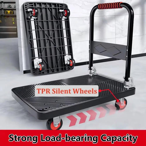 Heavy Duty Folding Platform Truck With Smooth As Butter TPR Wheels Steel Frame Hand Dolly Push Cart solid with TPR silent wheels.