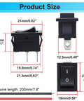 Ten Pack 2 Pin Rocker Switches On Off Latching SPST With Wires 21x15mm size with dimensions highlighted