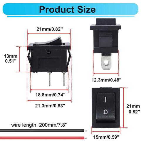 Ten Pack 2 Pin Rocker Switches On Off Latching SPST With Wires 21x15mm size with dimensions highlighted
