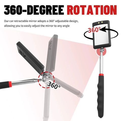 Extendable Car Inspection Mirror With Light 12 To 35 Inch Telescoping Tool LED View 360 Degree Adjustable Non Slip Grip For Tight Spots Under Dash And Engine Bay Easy Reach Vision, 360° rotating mirror