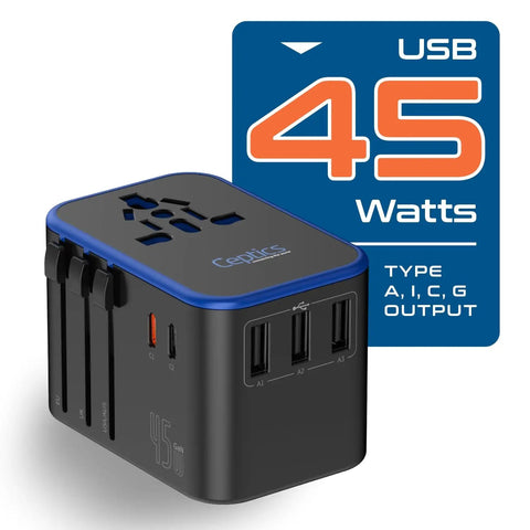 Universal Travel Adapter With PD And QC 3.0 45W, Dual USB C And 3 USB Ports, black charger close-up with 45W label