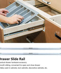 Two Pack Heavy Duty Drawer Slides With Steel Ball Bearings for cabinets, shown in a kitchen drawer installation.