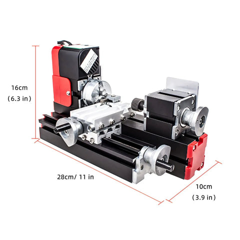 HUSHHAAMPP 12V Mini Lathe Machine High Speed Motor Turning Tool For Wood Plastic Soft Metal DIY Hobby Project 20M RPM Bench Top Craft Gear dimensions with motor and turning components