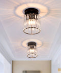 Compact Silver Modern Semi Flush Mount Ceiling Light Fixture With Chrome Finish in hallway, showing crystal design and illumination