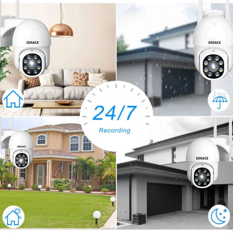 4 images of 5G Outdoor Dome Security Camera with 2 Way Audio, Continuous Recording, IP Wireless Surveillance for Home displayed outdoors.