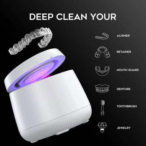 Dynamic Pro Grade 42 to 48 kHz Retainer Cleaner Machine With Digital Timer 200ml Mouth Guard Pod for Aligners White, open lid