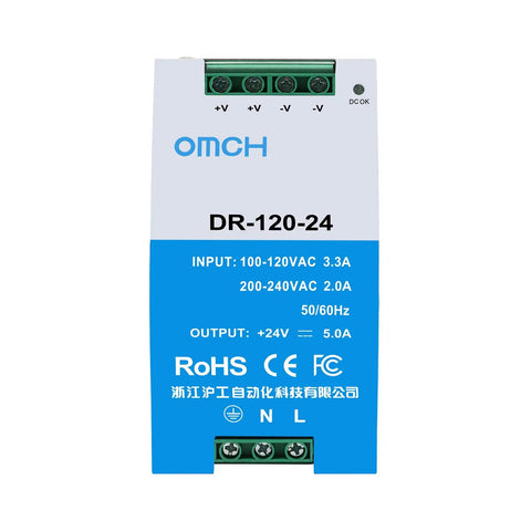 Workhorse 24V 5A DIN Rail Switching Power Supply 120W For PLCs Sensors Relays And Automation Modules front view