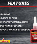 Bottle of Red High Strength Thread Locker For Large Fasteners Permanent Locking Anaerobic Adhesive features list