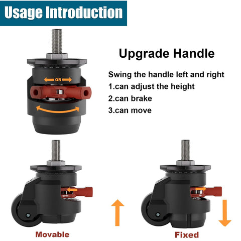 2 Inch Stem Leveling Caster Wheels With Ratchet Handle Height Adjustable Heavy Duty Casters usage guide showing movable and fixed positions.