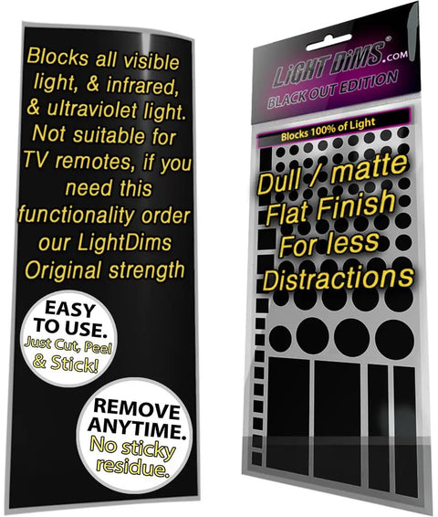 Retail packaging of Blackout Light Blocking Sheets for Electronics and Appliances with peel and stick design.