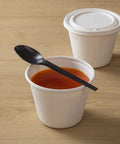 Six Point Five Inch Wrapped Compostable Spoons For Hot And Cold Food 250 Individually Wrapped Plant Based Black CPLA Disposable Utensils BPI Certified Eco Friendly Cutlery For Restaurants And Events, black CPLA spoon over soup cup
