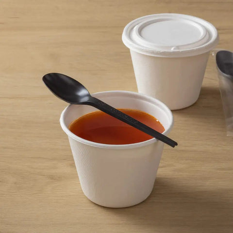 Six Point Five Inch Wrapped Compostable Spoons For Hot And Cold Food 250 Individually Wrapped Plant Based Black CPLA Disposable Utensils BPI Certified Eco Friendly Cutlery For Restaurants And Events, black CPLA spoon over soup cup