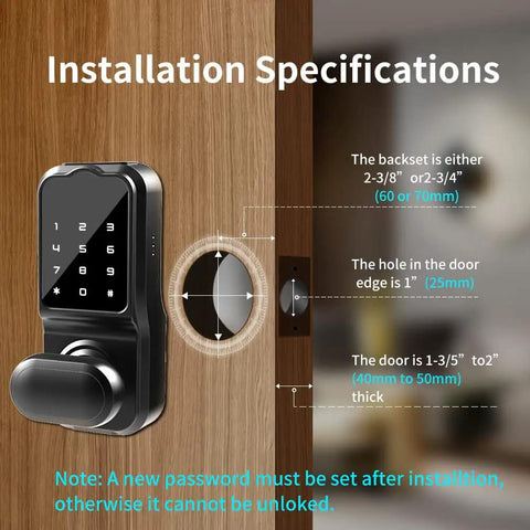 Installation specifications for Keyless Entry Door Lock 4 In 1 Smart Deadbolt With Bluetooth App Electronic Keypad IC Card USB Spare Keys