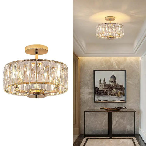 K9 Crystal Gold Chandelier Ceiling Light Three Light Modern Mini Crystal Semi Flush Mount Pendant Lamp For Living Room
