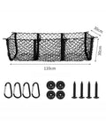 Three Pocket Trunk Cargo Net Made For Tesla Cybertruck 2024 Plus black mesh netting with carabiners and screws.