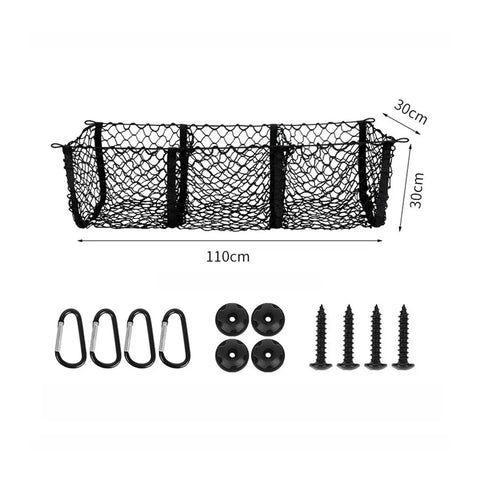 Three Pocket Trunk Cargo Net Made For Tesla Cybertruck 2024 Plus black mesh netting with carabiners and screws.