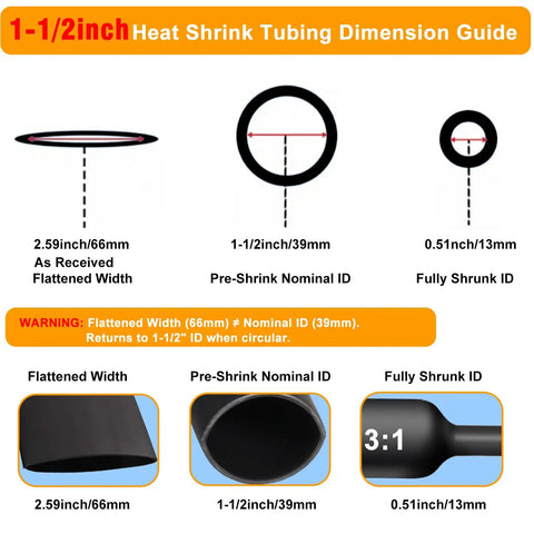 Heat Shrink Tubing Dimension Guide showing 1.5 inch sizes and shrink ratios for Heavy Duty 1.5 Inch Black Heat Shrink Tubing 5 Ft Roll.