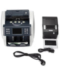 Straight Up Heavy Duty Money Counter Machine With Multi Currency Value Tracking And Automatic Bill Detection Featuring A High Resolution Lcd Display And Built In Receipt Printer showing top view with components including LCD and printer.