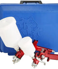 Heavy Duty Cordless Spray Paint Gun Kit With Adjustable Tip For Home And Auto Jobs No Cord Hassle Zinc Alloy Frame Battery Operated with two sprayers and blue case.