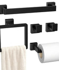 Matte Black 5 Piece Bathroom Hardware Set Made Of SUS304 Stainless Steel Wall Mounted Towel Bar Towel Ring Toilet Paper Holder And Two Towel Hooks For Rust Resistant Durability And Modern Bathroom Organization