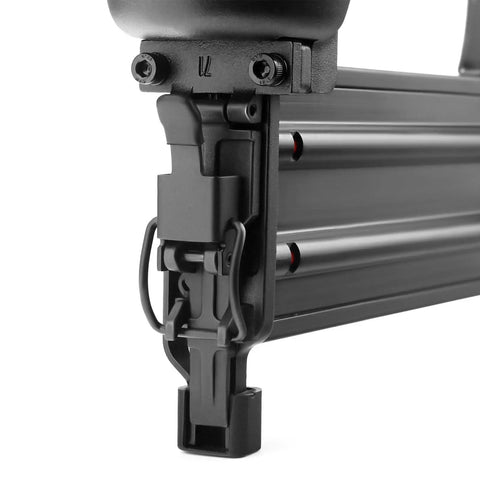 Close-up of Pro Grade 16 Gauge Pneumatic Straight Finish Nailer with tool-free depth adjustment feature visible