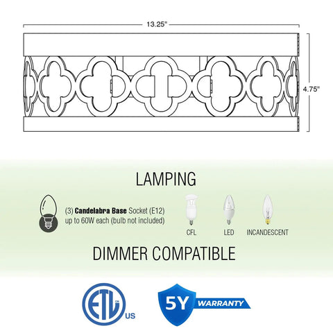 Diagram highlighting dimensions of Farmhouse Quatrefoil 13 Inch Flush Mount Ceiling Light With Distressed White Metal Drum Shade