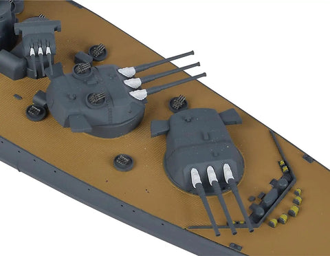 Close-up of gun turrets on 1/700 Japanese Battleship Yamato Plastic Model Kit Easy Assembly For History Buffs WWII Navy Ship