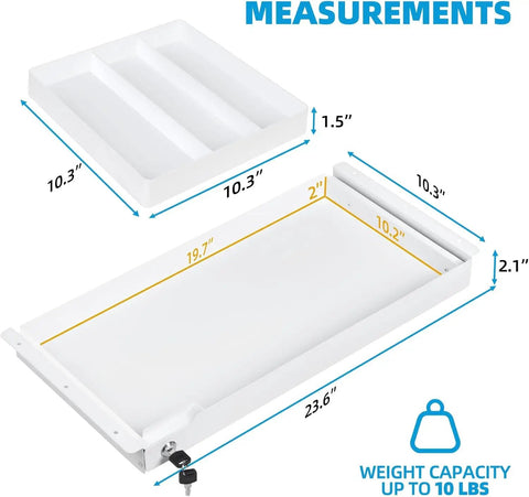 No Sweat Under Desk Drawer Storage With Heavy Duty Steel Tray And Secure Copper Lock For Papers Laptops And Pencils Plus Silent Ball Bearing Slides That Keep Your Workspace Fresh And Totally Organized, showing measurements and tray details.