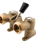 Dual Outlet Brass Washing Machine Shutoff Valve With One-Half Inch Sweat Inlet And Three-Quarter Inch Hose Thread in brass material.
