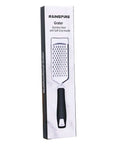 Box of Stainless Steel Handheld Cheese Grater With Soft Grip Handle And Zester, visible product image, kitchen tool for grating.