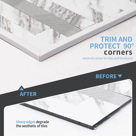 20 Ft Peel And Stick Vinyl Corner Trim For Exterior Tile Walls And Furniture Decor White, Slick PVC Edging shown protecting corners