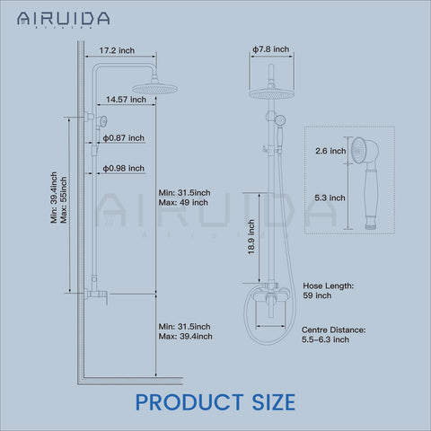 Exposed Shower System With 8 Inch Rainfall Head And Handheld Spray Single Handle Wall Mount Faucet Set Solid Brass dimensions