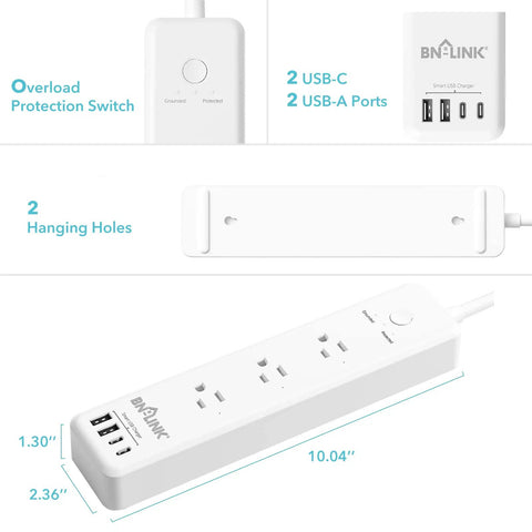 7 In 1 Surge Protector Power Strip With PD 20W USB C Fast Charging 3 AC Outlets 4 USB Ports 5 Ft Flat Plug Extension Cord