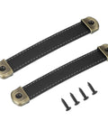 Black Leather Strap Cabinet Handles Set Of 2 With Solid Iron Sheet 5 6 Inch Industrial Drawer Pulls Featuring Legit Pu Material showing two black leather straps and screws.